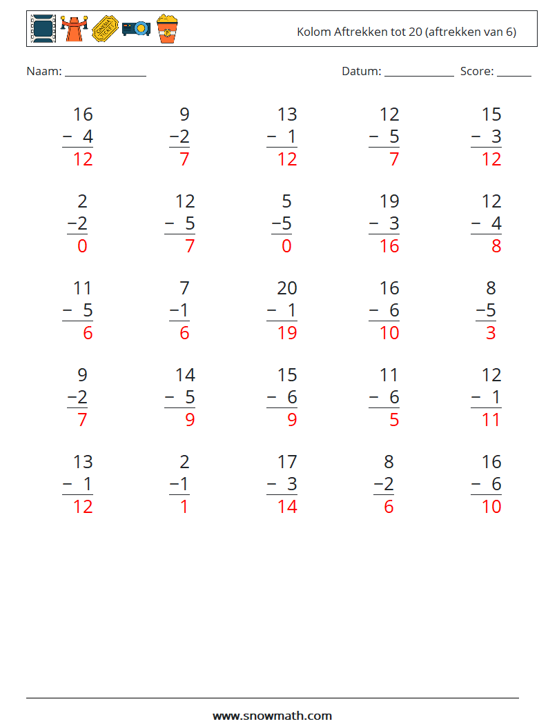 (25) Kolom Aftrekken tot 20 (aftrekken van 6) Wiskundige werkbladen 2 Vraag, Antwoord