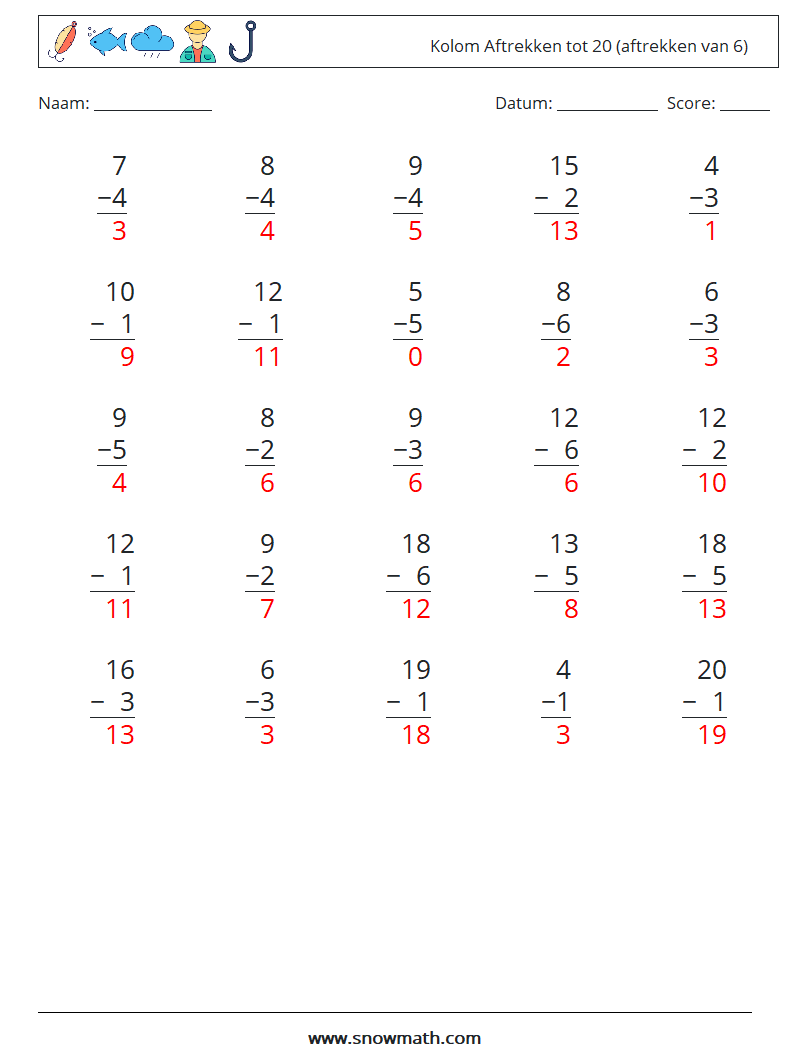 (25) Kolom Aftrekken tot 20 (aftrekken van 6) Wiskundige werkbladen 3 Vraag, Antwoord