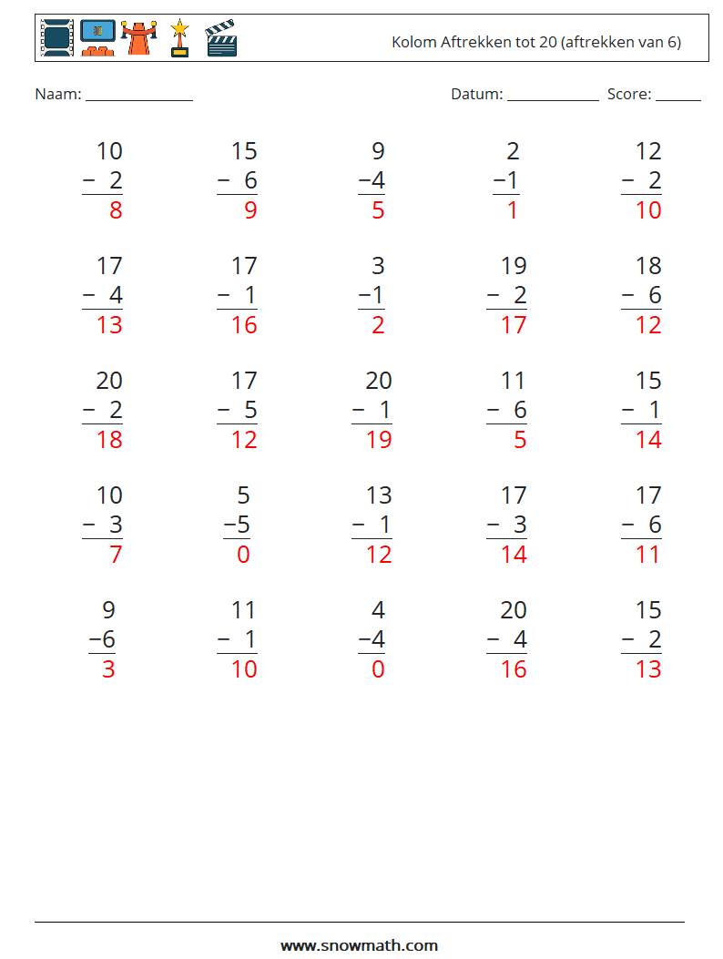 (25) Kolom Aftrekken tot 20 (aftrekken van 6) Wiskundige werkbladen 4 Vraag, Antwoord