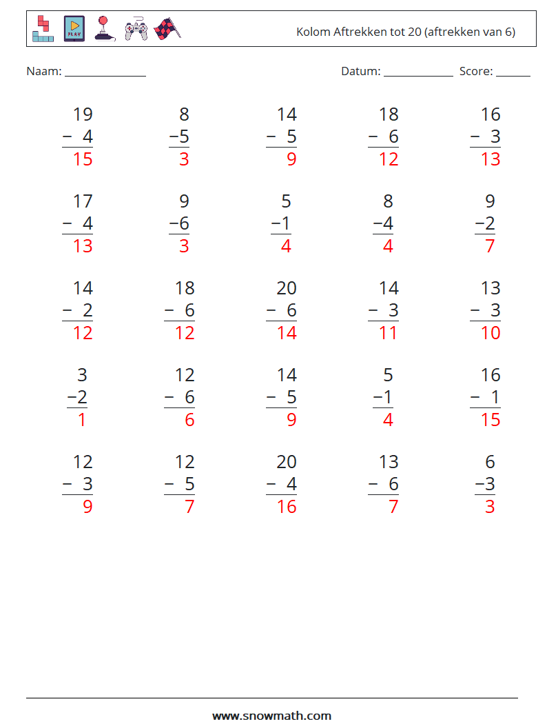 (25) Kolom Aftrekken tot 20 (aftrekken van 6) Wiskundige werkbladen 5 Vraag, Antwoord