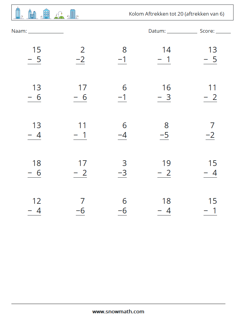 (25) Kolom Aftrekken tot 20 (aftrekken van 6) Wiskundige werkbladen 6