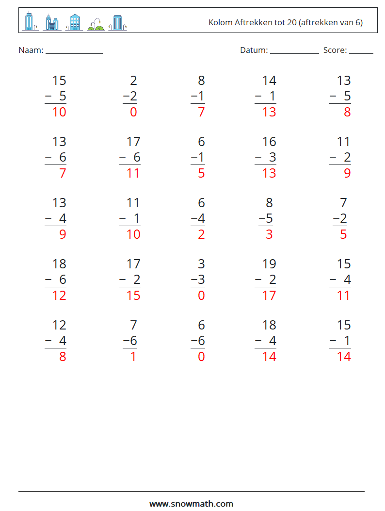 (25) Kolom Aftrekken tot 20 (aftrekken van 6) Wiskundige werkbladen 6 Vraag, Antwoord