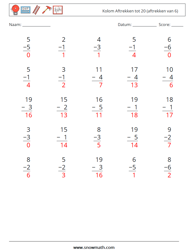 (25) Kolom Aftrekken tot 20 (aftrekken van 6) Wiskundige werkbladen 7 Vraag, Antwoord