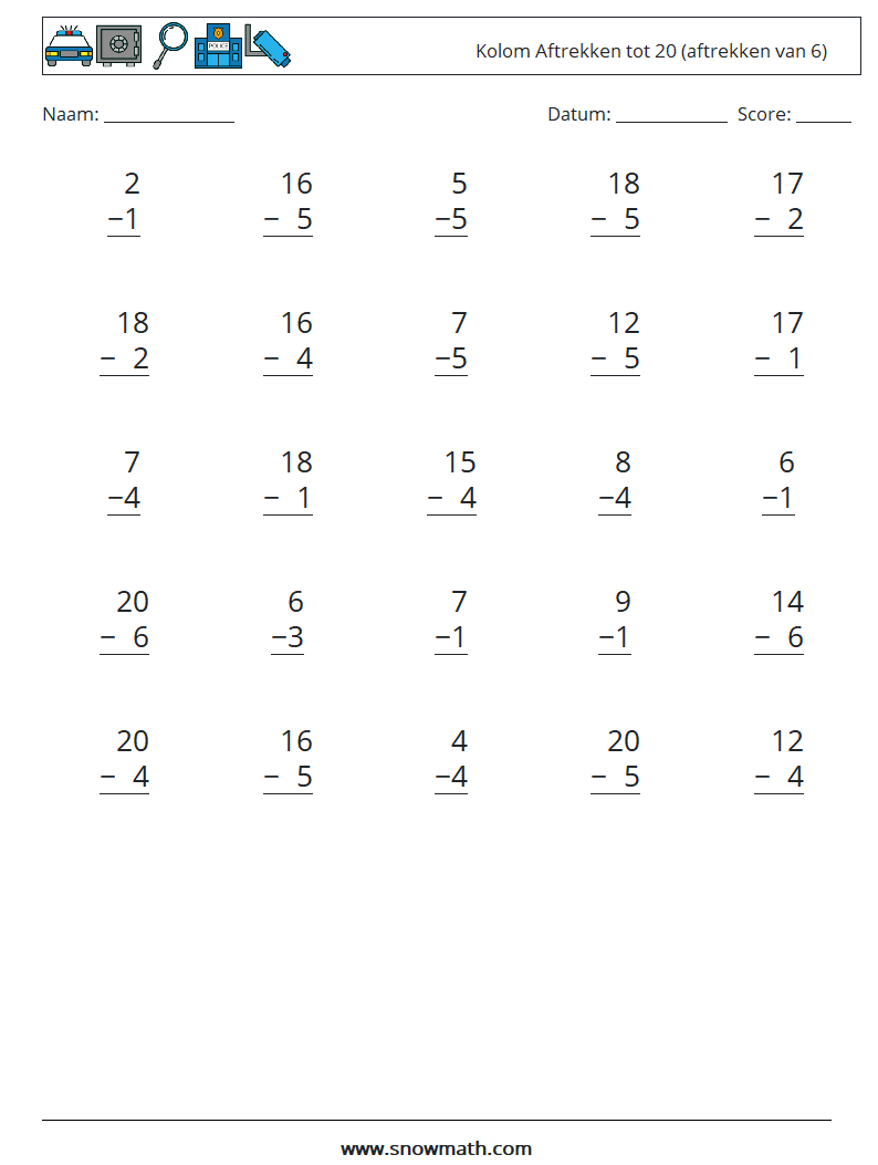(25) Kolom Aftrekken tot 20 (aftrekken van 6) Wiskundige werkbladen 8