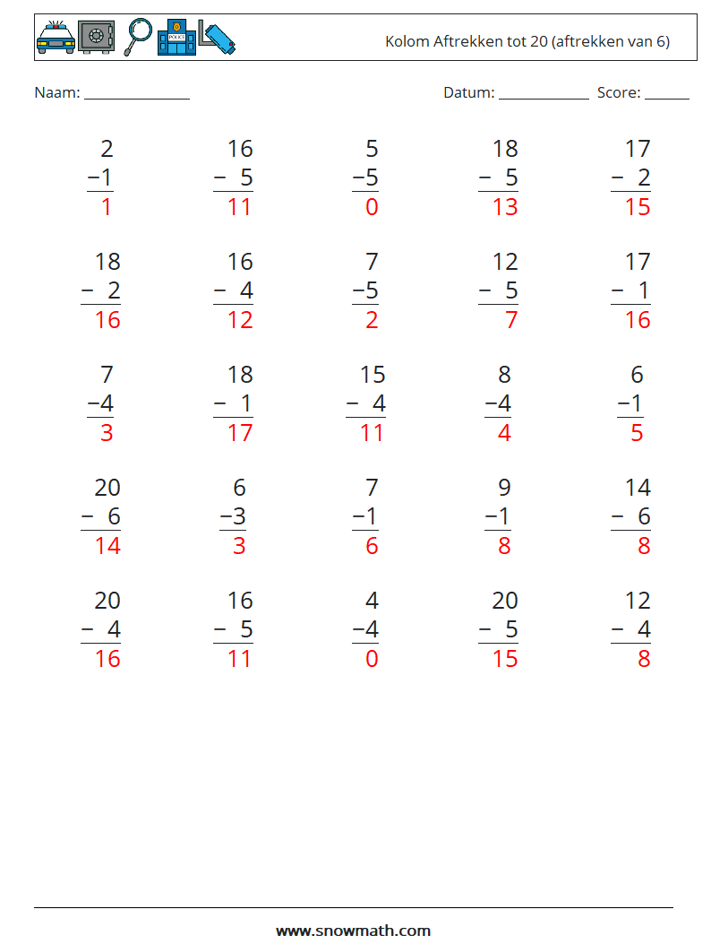 (25) Kolom Aftrekken tot 20 (aftrekken van 6) Wiskundige werkbladen 8 Vraag, Antwoord