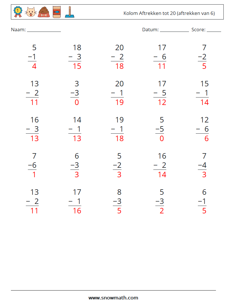 (25) Kolom Aftrekken tot 20 (aftrekken van 6) Wiskundige werkbladen 9 Vraag, Antwoord