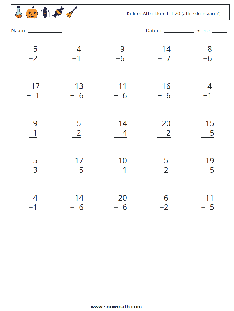 (25) Kolom Aftrekken tot 20 (aftrekken van 7) Wiskundige werkbladen 10