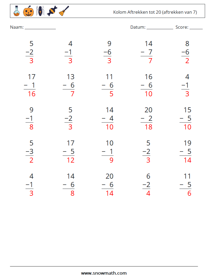 (25) Kolom Aftrekken tot 20 (aftrekken van 7) Wiskundige werkbladen 10 Vraag, Antwoord