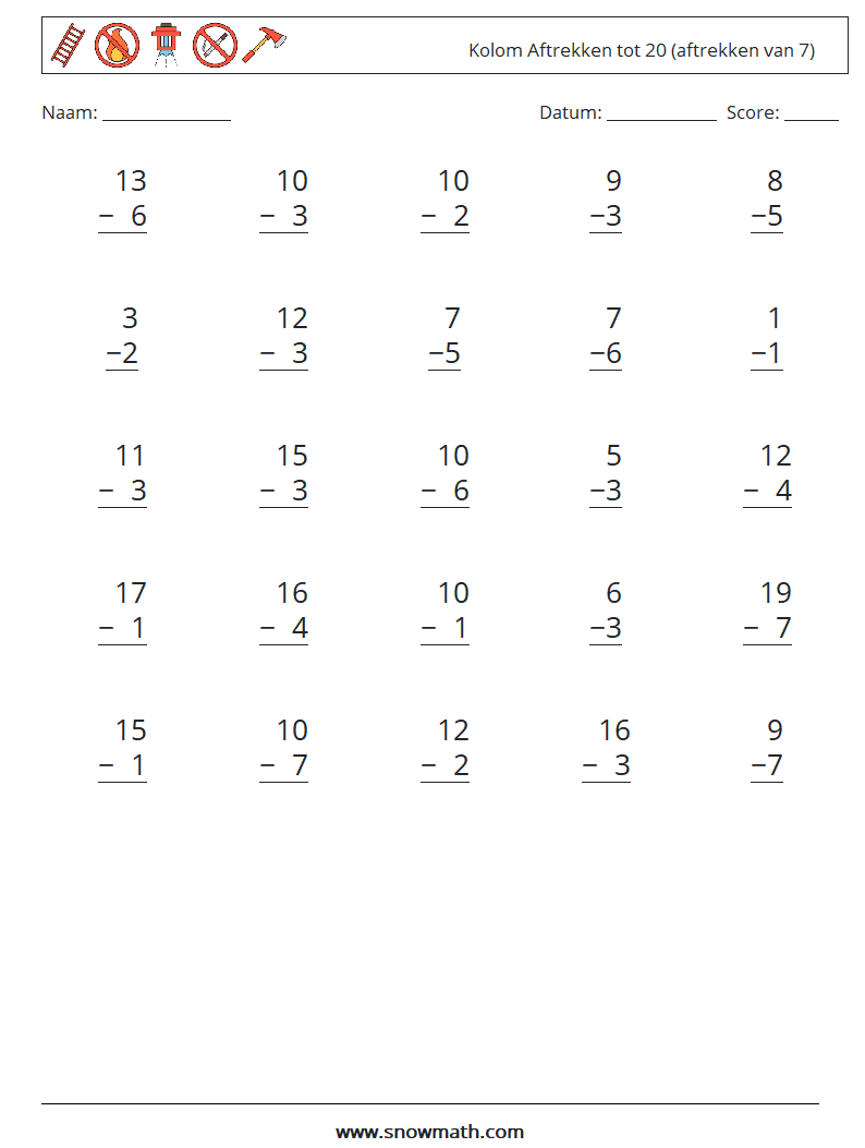 (25) Kolom Aftrekken tot 20 (aftrekken van 7) Wiskundige werkbladen 11