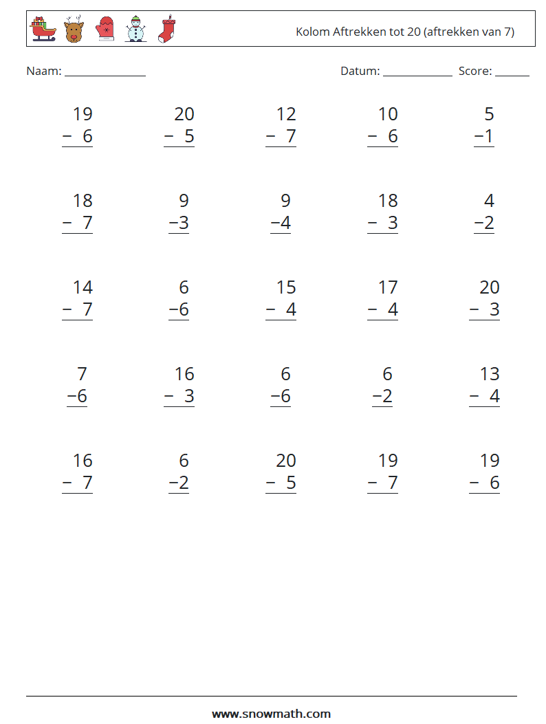 (25) Kolom Aftrekken tot 20 (aftrekken van 7) Wiskundige werkbladen 12