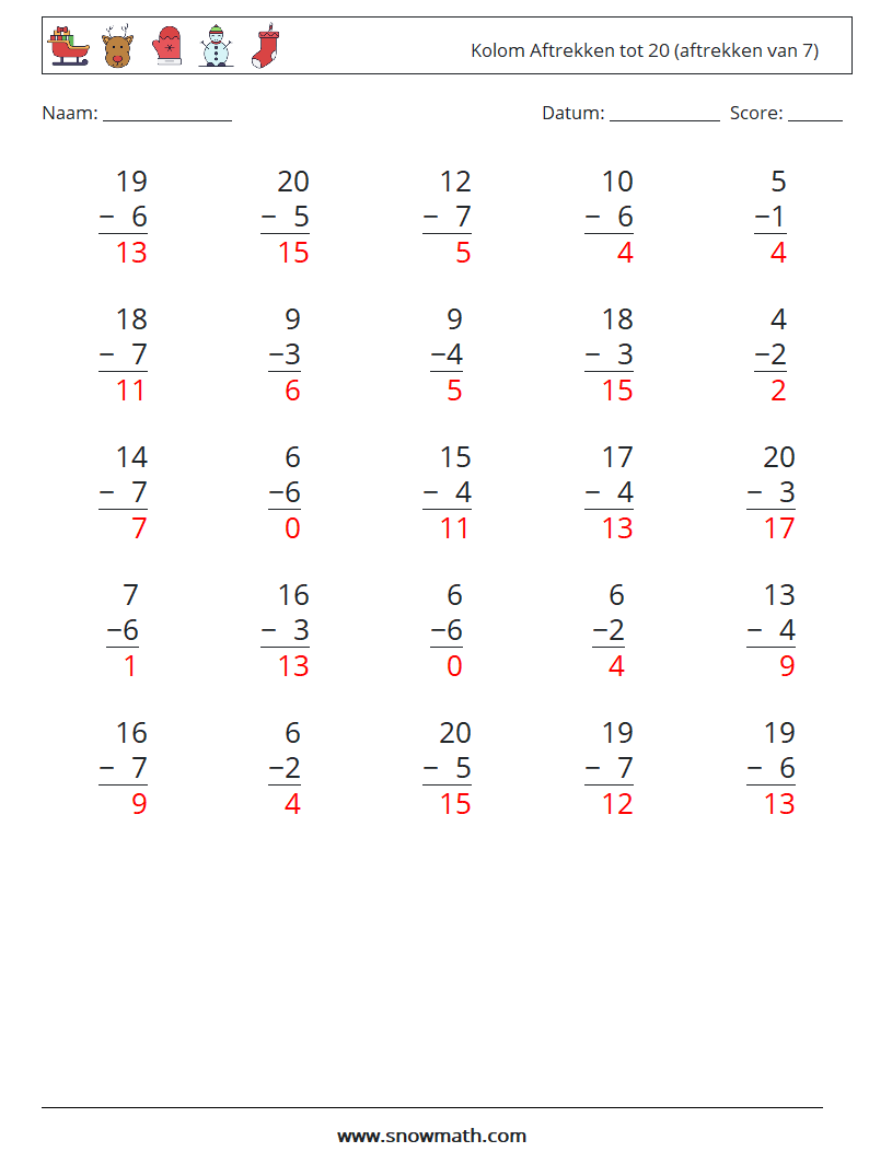 (25) Kolom Aftrekken tot 20 (aftrekken van 7) Wiskundige werkbladen 12 Vraag, Antwoord