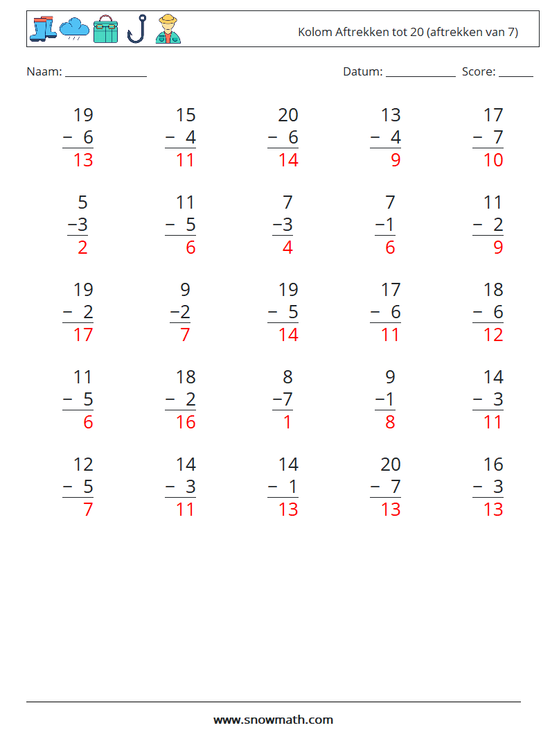 (25) Kolom Aftrekken tot 20 (aftrekken van 7) Wiskundige werkbladen 13 Vraag, Antwoord