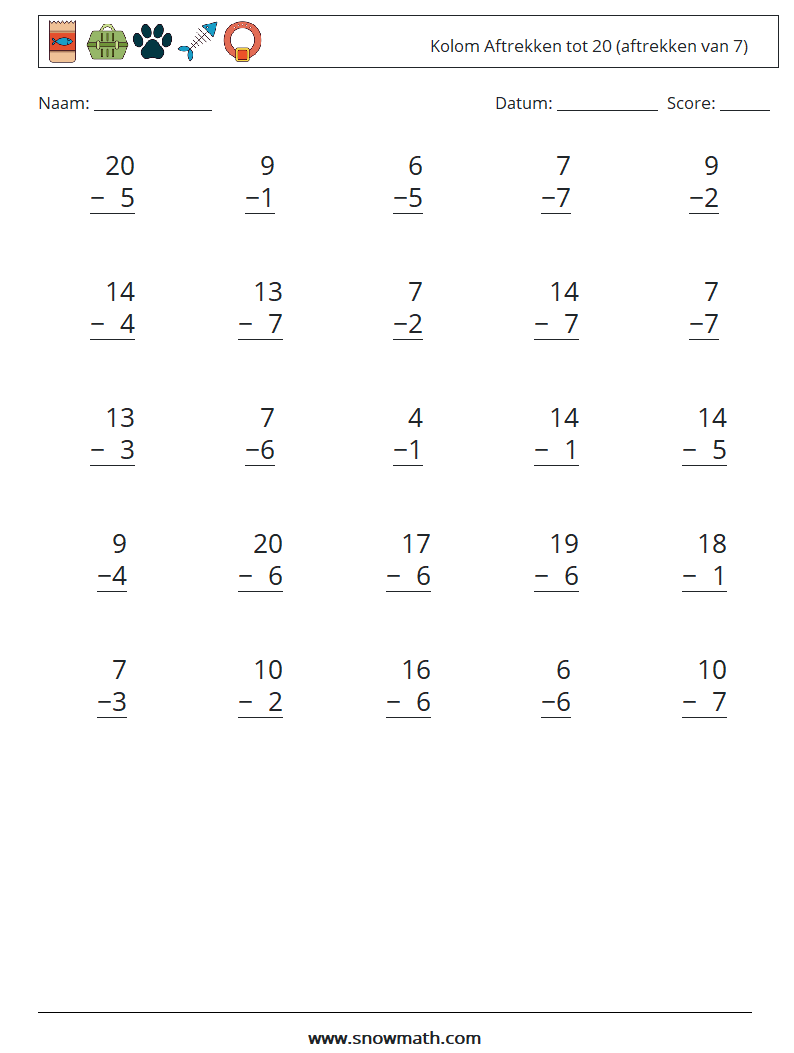 (25) Kolom Aftrekken tot 20 (aftrekken van 7) Wiskundige werkbladen 14