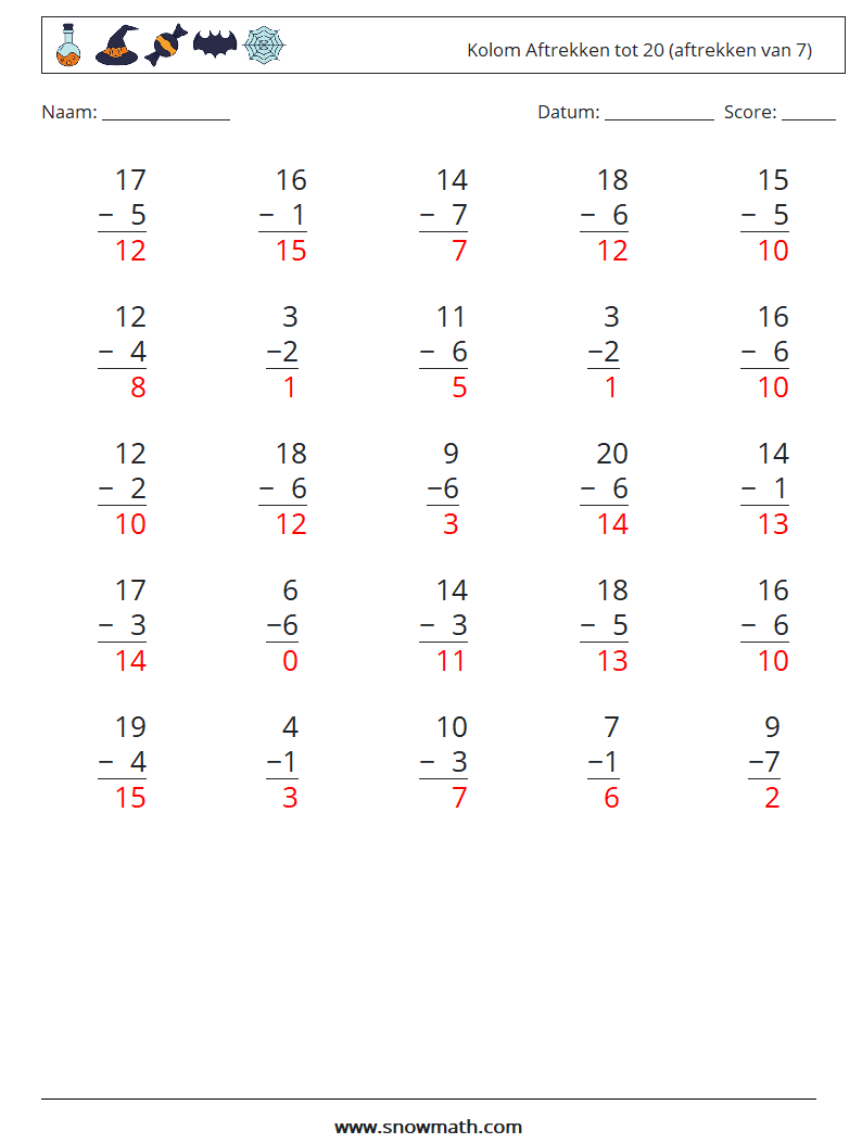 (25) Kolom Aftrekken tot 20 (aftrekken van 7) Wiskundige werkbladen 16 Vraag, Antwoord