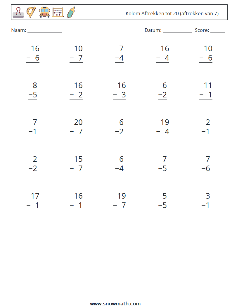 (25) Kolom Aftrekken tot 20 (aftrekken van 7) Wiskundige werkbladen 17