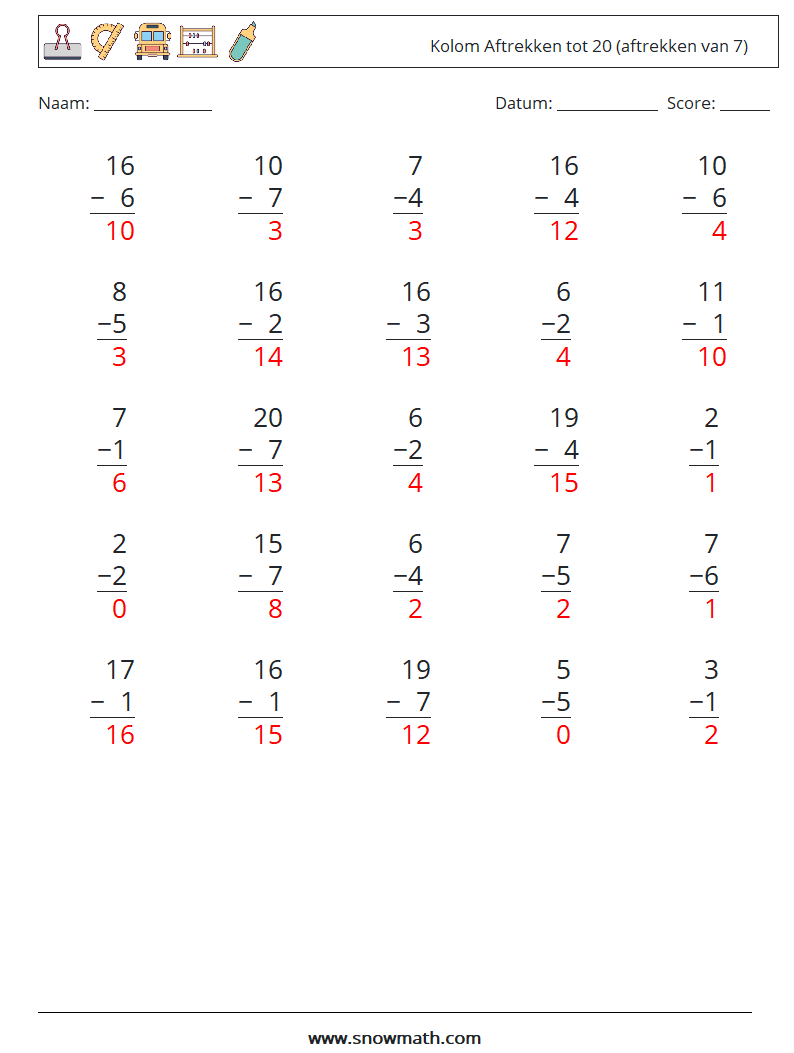 (25) Kolom Aftrekken tot 20 (aftrekken van 7) Wiskundige werkbladen 17 Vraag, Antwoord