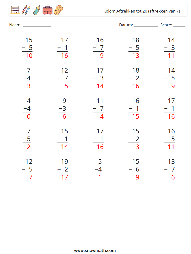 (25) Kolom Aftrekken tot 20 (aftrekken van 7) Wiskundige werkbladen 1 Vraag, Antwoord