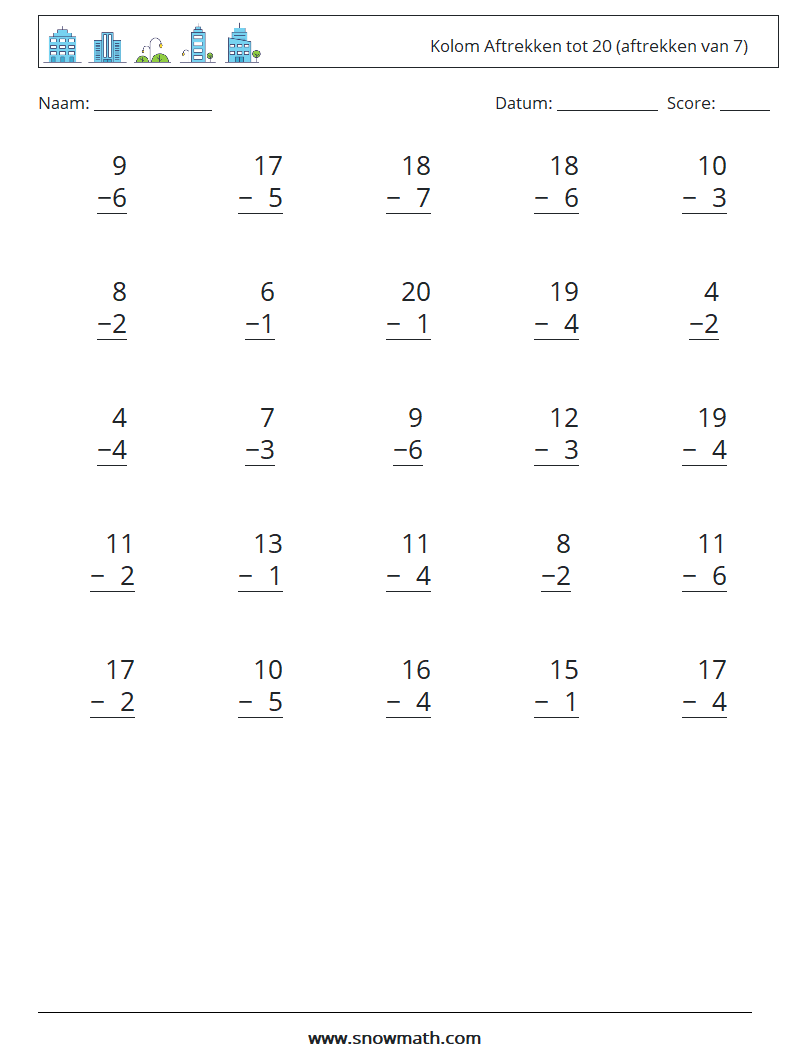 (25) Kolom Aftrekken tot 20 (aftrekken van 7) Wiskundige werkbladen 2
