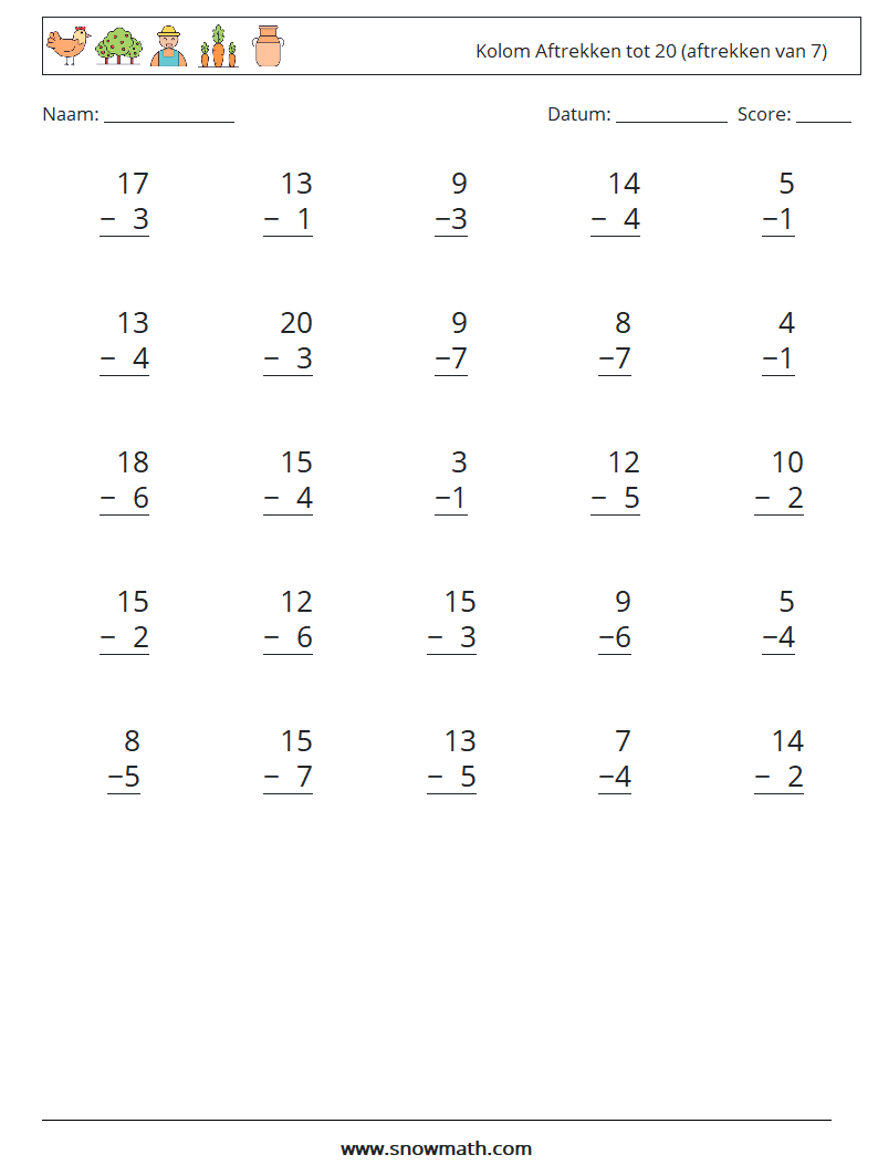 (25) Kolom Aftrekken tot 20 (aftrekken van 7) Wiskundige werkbladen 3