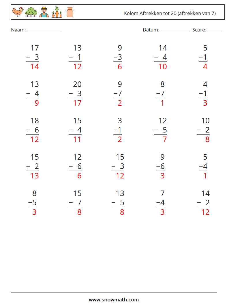 (25) Kolom Aftrekken tot 20 (aftrekken van 7) Wiskundige werkbladen 3 Vraag, Antwoord