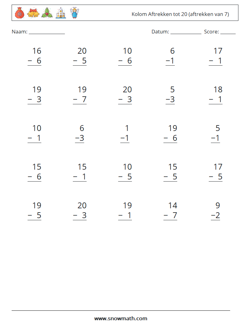 (25) Kolom Aftrekken tot 20 (aftrekken van 7) Wiskundige werkbladen 4