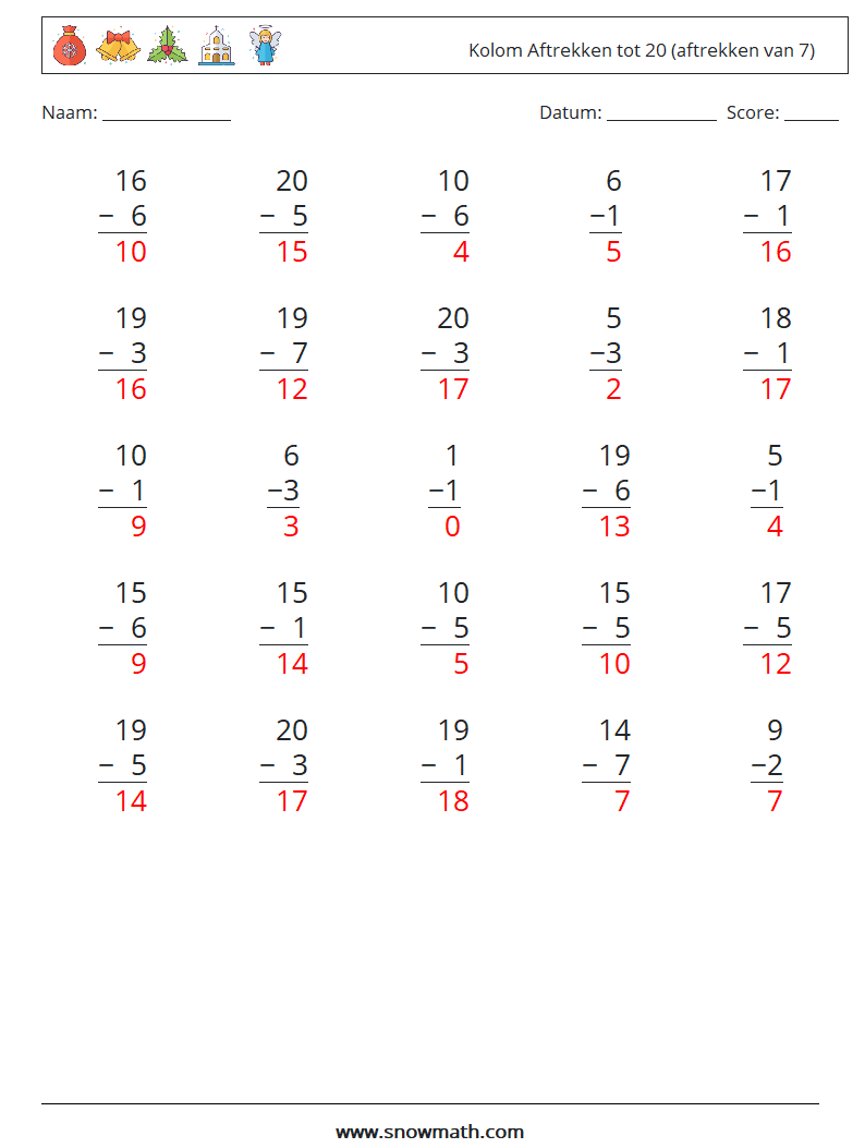 (25) Kolom Aftrekken tot 20 (aftrekken van 7) Wiskundige werkbladen 4 Vraag, Antwoord