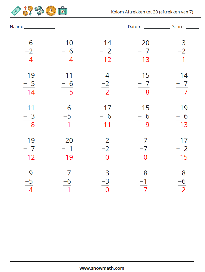 (25) Kolom Aftrekken tot 20 (aftrekken van 7) Wiskundige werkbladen 5 Vraag, Antwoord