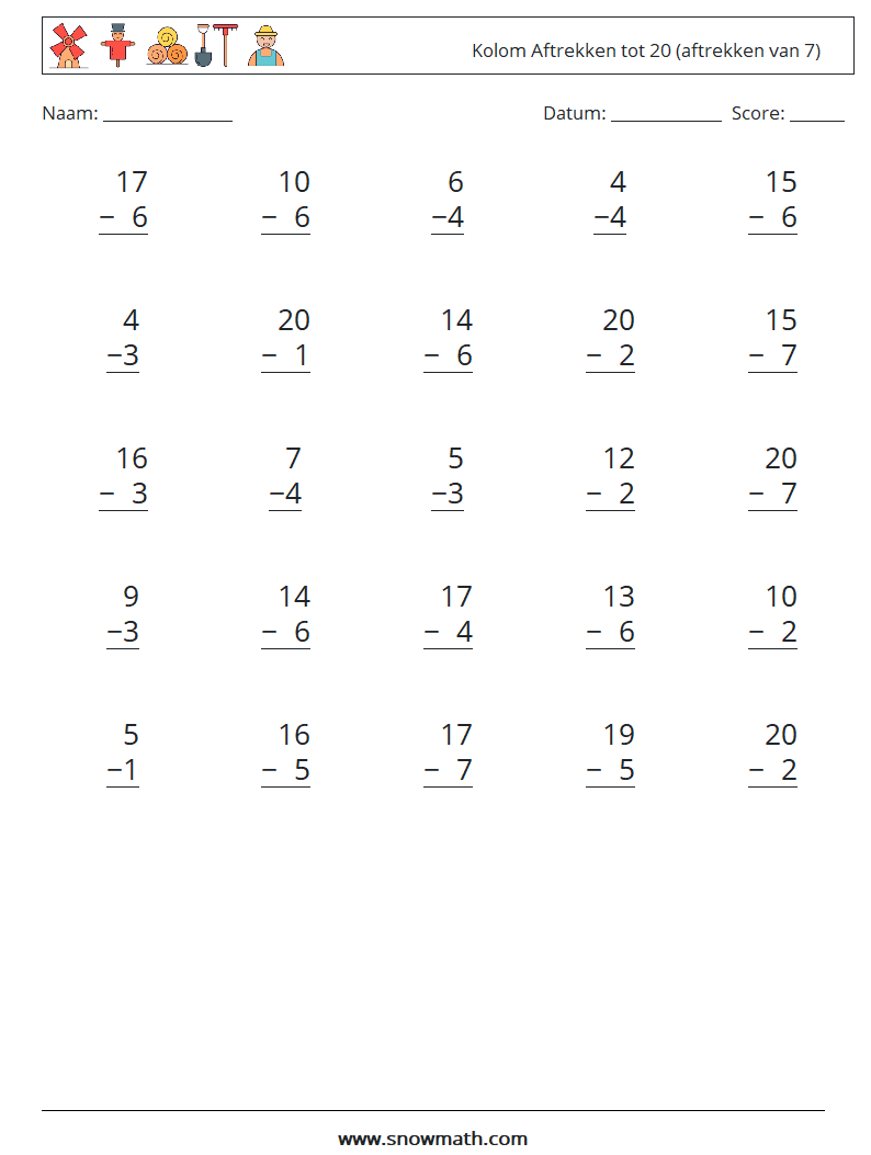 (25) Kolom Aftrekken tot 20 (aftrekken van 7) Wiskundige werkbladen 6