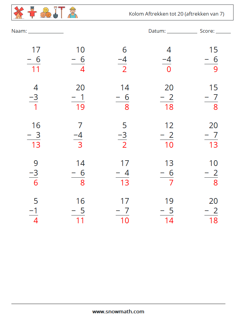 (25) Kolom Aftrekken tot 20 (aftrekken van 7) Wiskundige werkbladen 6 Vraag, Antwoord