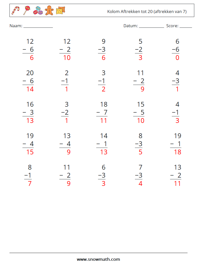 (25) Kolom Aftrekken tot 20 (aftrekken van 7) Wiskundige werkbladen 7 Vraag, Antwoord