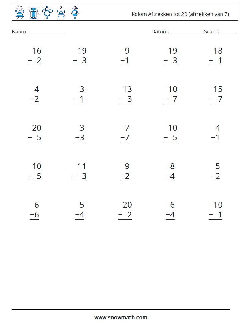 (25) Kolom Aftrekken tot 20 (aftrekken van 7) Wiskundige werkbladen 8
