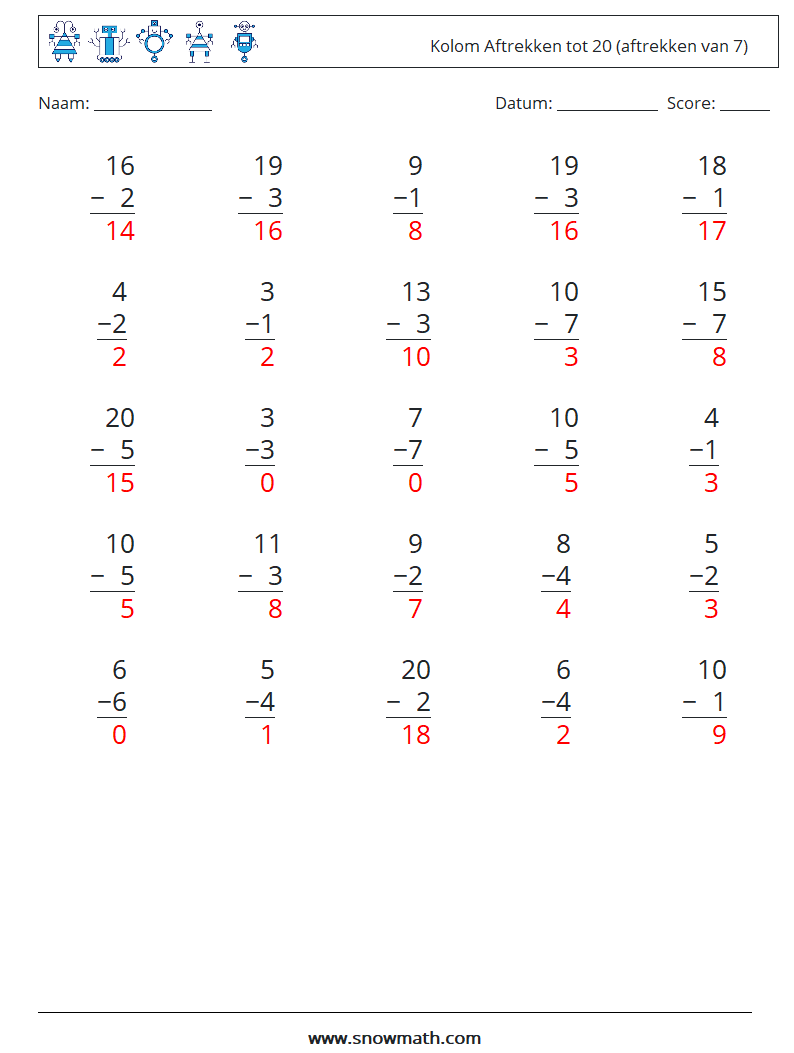 (25) Kolom Aftrekken tot 20 (aftrekken van 7) Wiskundige werkbladen 8 Vraag, Antwoord