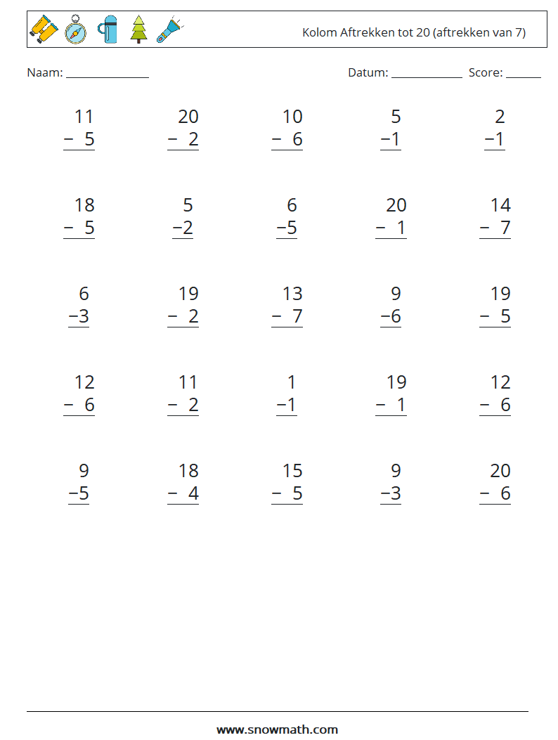 (25) Kolom Aftrekken tot 20 (aftrekken van 7) Wiskundige werkbladen 9