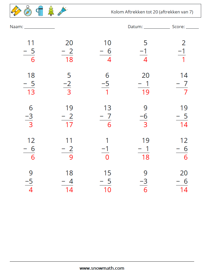 (25) Kolom Aftrekken tot 20 (aftrekken van 7) Wiskundige werkbladen 9 Vraag, Antwoord