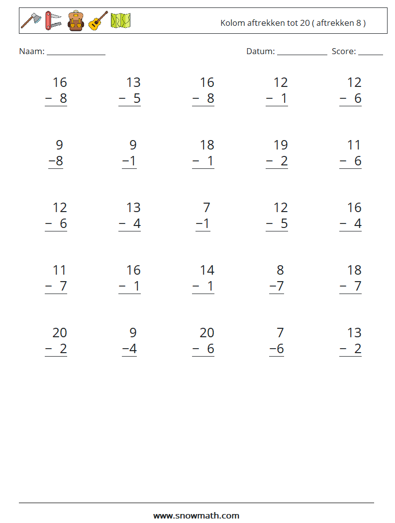 (25) Kolom aftrekken tot 20 ( aftrekken 8 ) Wiskundige werkbladen 17