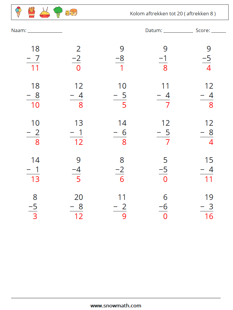 (25) Kolom aftrekken tot 20 ( aftrekken 8 ) Wiskundige werkbladen 1 Vraag, Antwoord