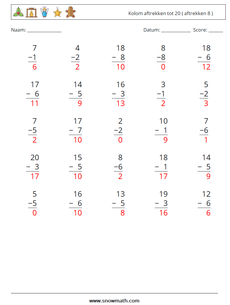 (25) Kolom aftrekken tot 20 ( aftrekken 8 ) Wiskundige werkbladen 2 Vraag, Antwoord