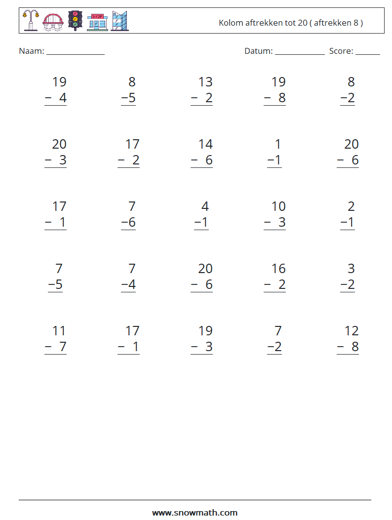 (25) Kolom aftrekken tot 20 ( aftrekken 8 ) Wiskundige werkbladen 4