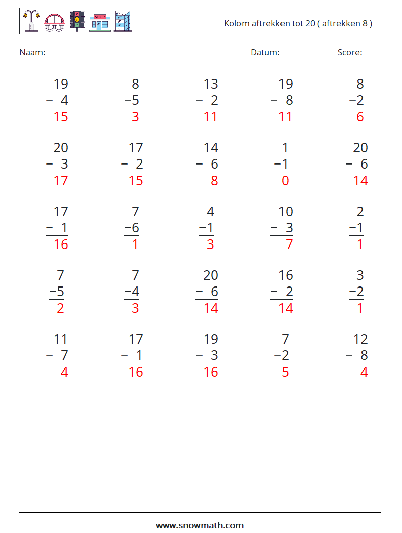 (25) Kolom aftrekken tot 20 ( aftrekken 8 ) Wiskundige werkbladen 4 Vraag, Antwoord