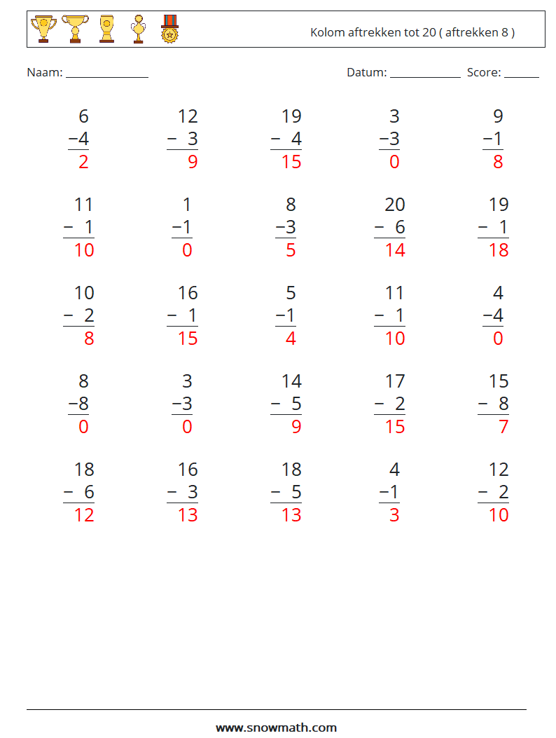 (25) Kolom aftrekken tot 20 ( aftrekken 8 ) Wiskundige werkbladen 5 Vraag, Antwoord