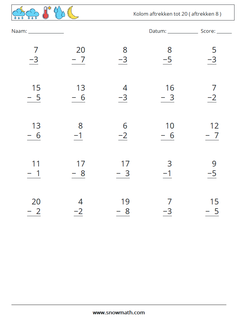 (25) Kolom aftrekken tot 20 ( aftrekken 8 ) Wiskundige werkbladen 7