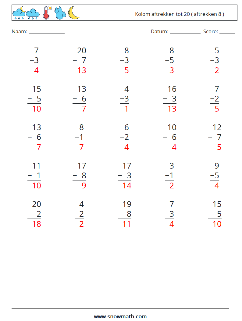 (25) Kolom aftrekken tot 20 ( aftrekken 8 ) Wiskundige werkbladen 7 Vraag, Antwoord