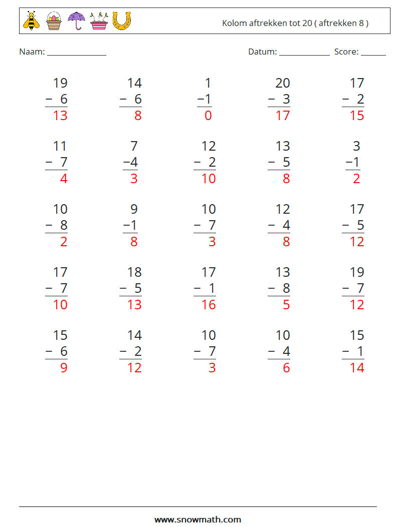 (25) Kolom aftrekken tot 20 ( aftrekken 8 ) Wiskundige werkbladen 8 Vraag, Antwoord