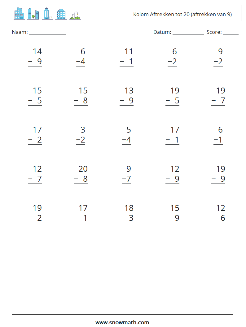 (25) Kolom Aftrekken tot 20 (aftrekken van 9) Wiskundige werkbladen 10