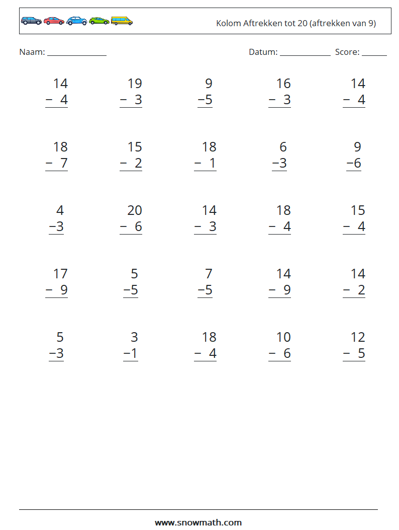 (25) Kolom Aftrekken tot 20 (aftrekken van 9) Wiskundige werkbladen 11