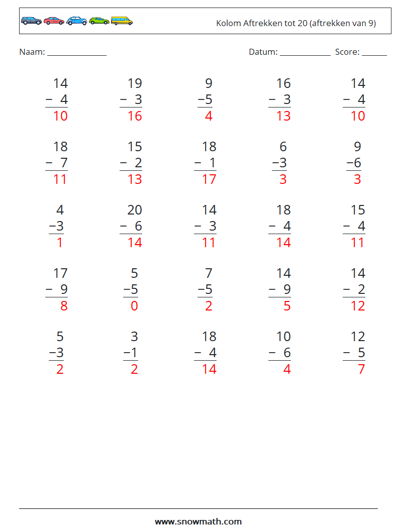 (25) Kolom Aftrekken tot 20 (aftrekken van 9) Wiskundige werkbladen 11 Vraag, Antwoord