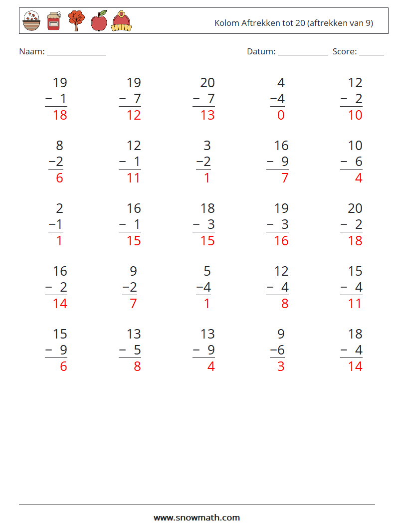 (25) Kolom Aftrekken tot 20 (aftrekken van 9) Wiskundige werkbladen 13 Vraag, Antwoord