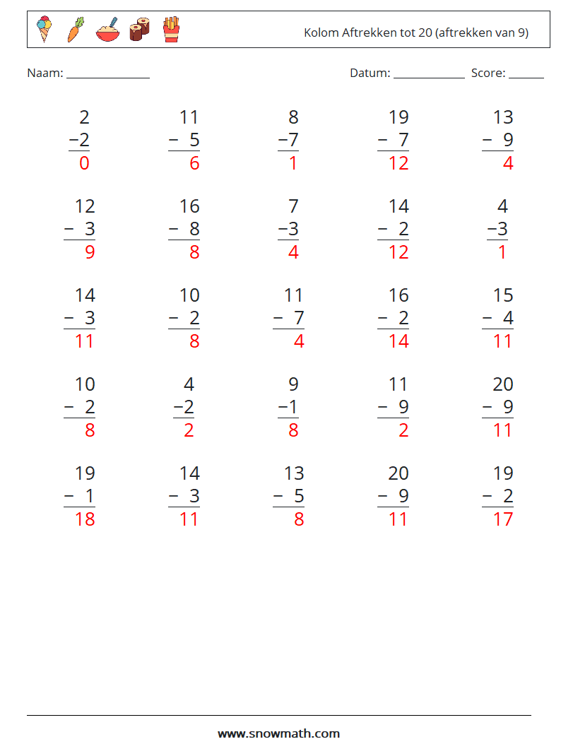 (25) Kolom Aftrekken tot 20 (aftrekken van 9) Wiskundige werkbladen 15 Vraag, Antwoord