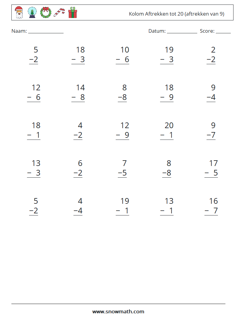 (25) Kolom Aftrekken tot 20 (aftrekken van 9) Wiskundige werkbladen 17