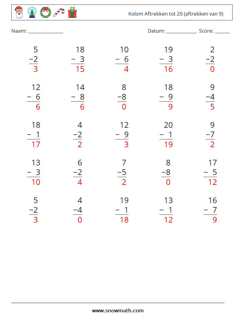 (25) Kolom Aftrekken tot 20 (aftrekken van 9) Wiskundige werkbladen 17 Vraag, Antwoord